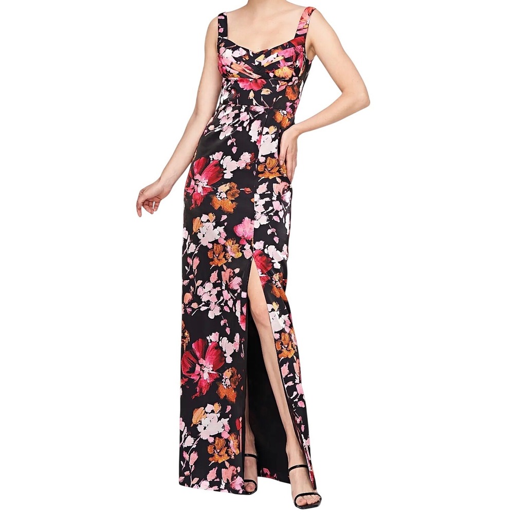 Kay Unger Nicole Column Gown Floral Saffron Black Size‎ 8 Sleeveless Slit New